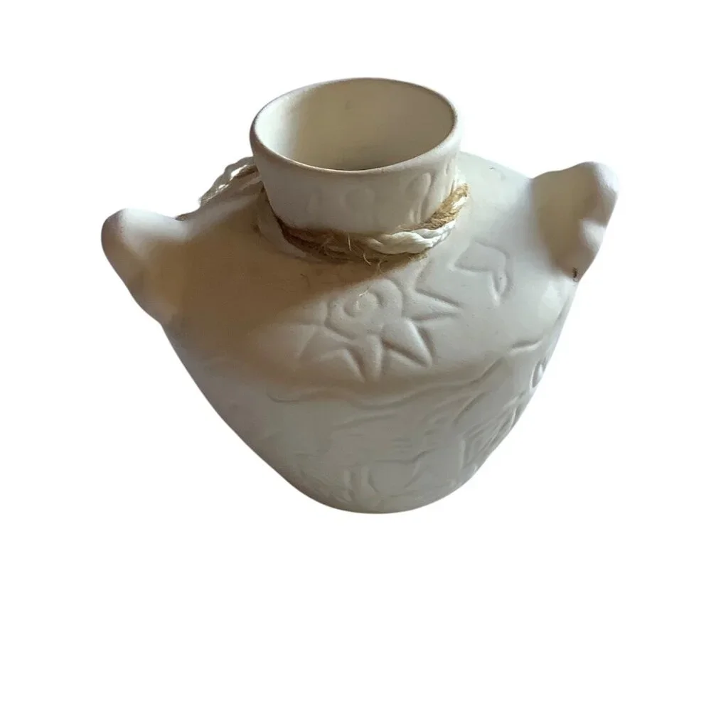 Native American Southwestern White Ceramic Vase Jar Snake‎ Motif Twine 4” x 5”